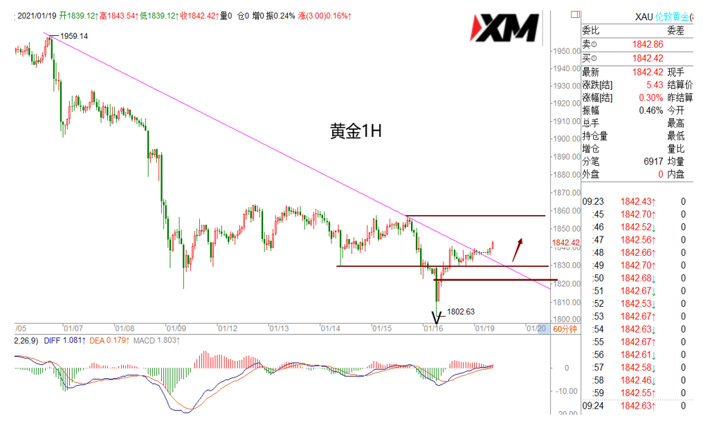 XM汇评 – 黄金1H出现V字形，美元91一带有压制