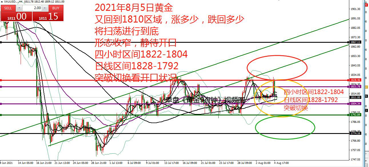 何小冰：黄金继续1810分界，18美元区间扫荡 08.05