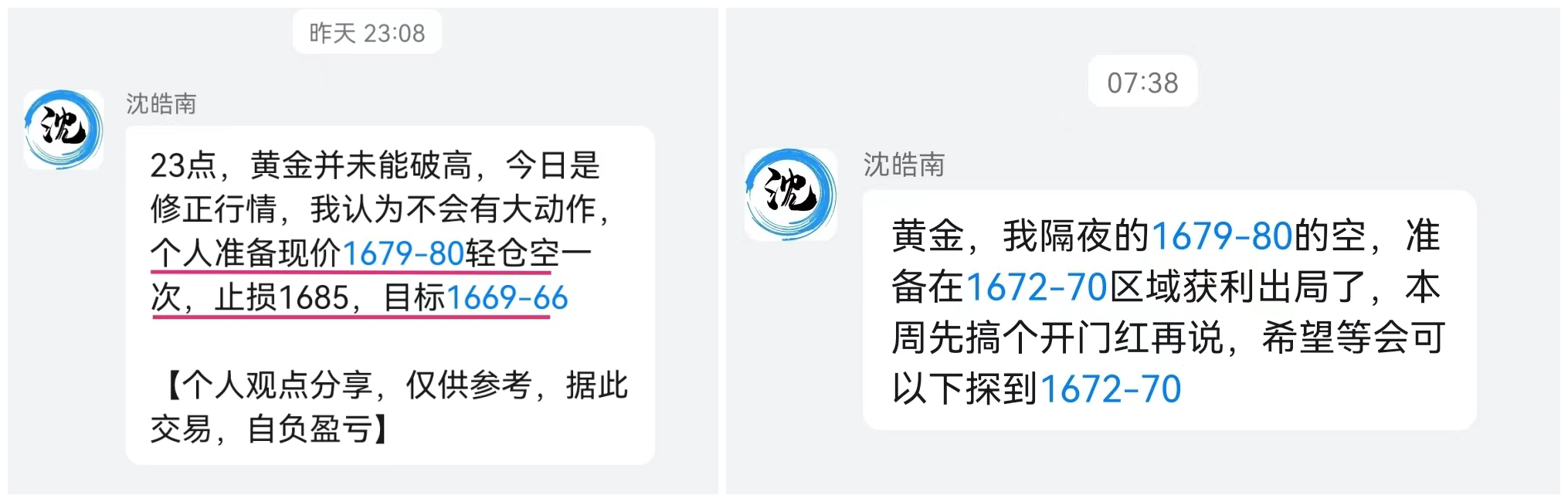 沈皓南：黄金修正中，以不变应万变