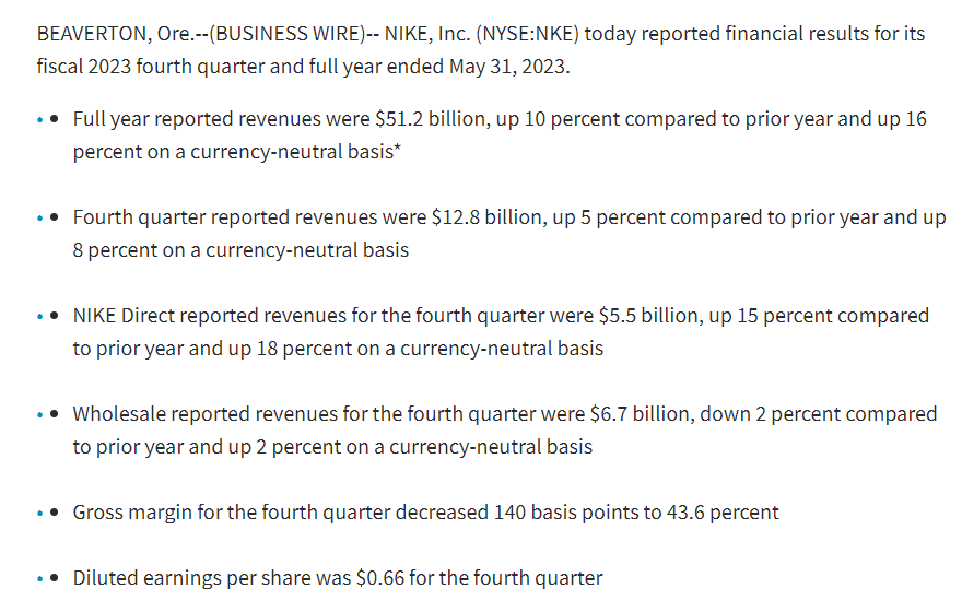 行业动态 | 耐克 Q4 财报超预期，但股价下挫逾 4%