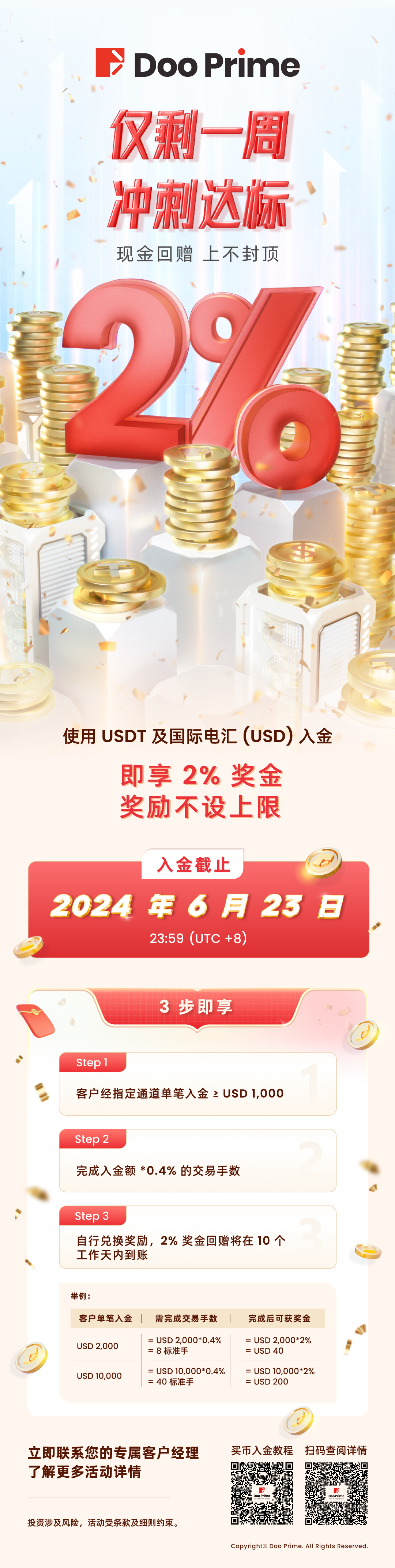 精彩活动 | 仅剩一周！ Doo Prime 2% 入金回馈，尽享无上限现金奖励！